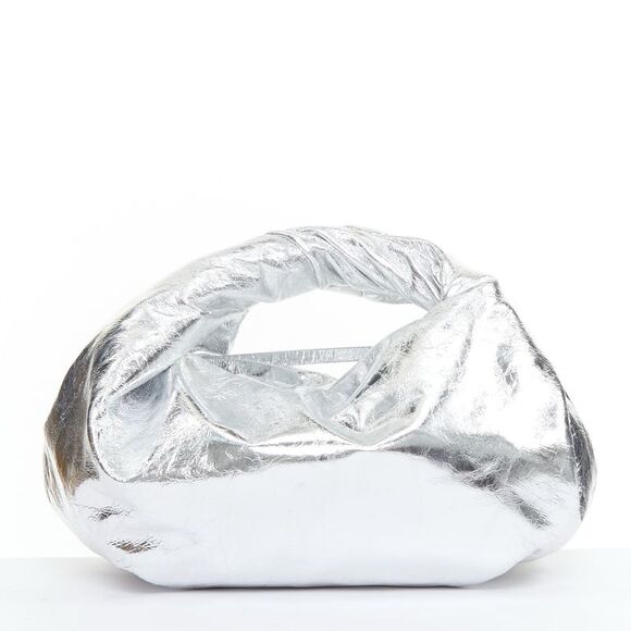 Dries Van Noten Handbags - DRIES VAN NOTEN Twist silver metallic textured leather top handle bag
